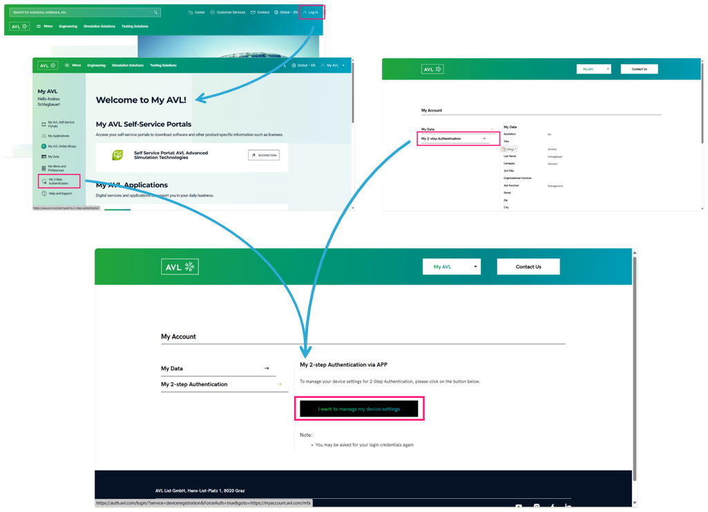 If you start at avl.com, click on login and select 'My AVL' . You can see 'My 2-step Authentication' in the left menu bar, as you will do, if you directly navigate to myaccount.avl.com.