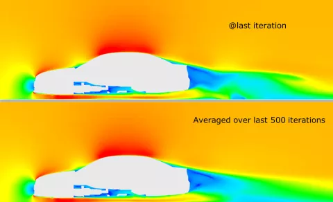 Vehicle - Aero and Water Release R1 2023 - Figure 2: Contour plot of velocity at the end of steady RANS calculation (upper); the resulting velocity field averaged over the last 500 iterations of steady RANS calculation (lower)
